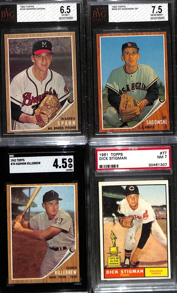Lot of (7) Graded 1961 & 1962 Topps Baseball Cards w. 1961 Sandy Koufax BVG 5.5 & Roberto Clemente BVG 3.5